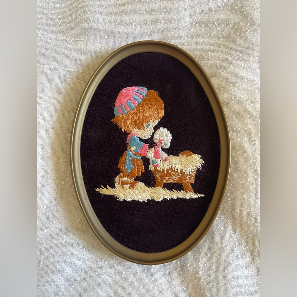 Vintage Embroidered Wall Art with Child and Toy from Ecstasy Giftware